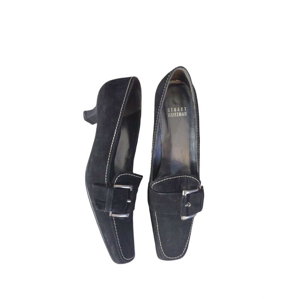 Stuart Weitzman Black Suede Kitten Heels Size 5 Pointed Square Toe Buckle Pumps